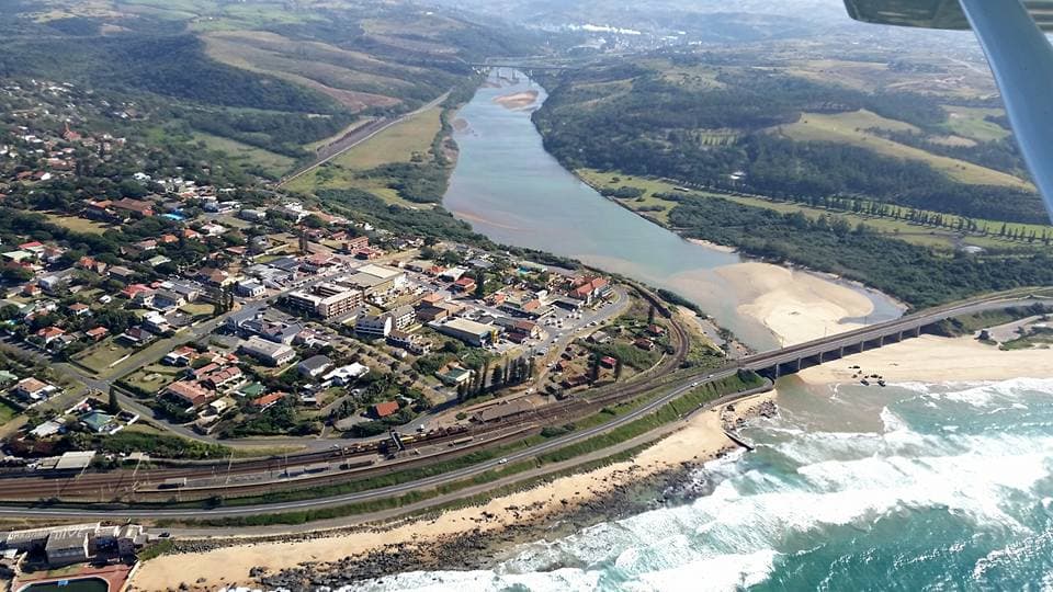 Umkomaas river mouth and coast from the air, launch point for Aliwal Shoal
